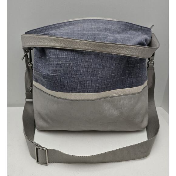 FOSSIL Maya Gray Denim Hobo Shoulder Bag Purse Pebbled Leather Fabric - Picture 1 of 16